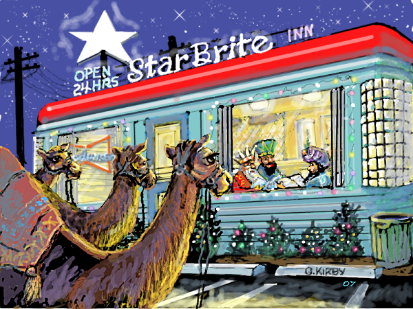 Camels parked outside the Starbrite Diner